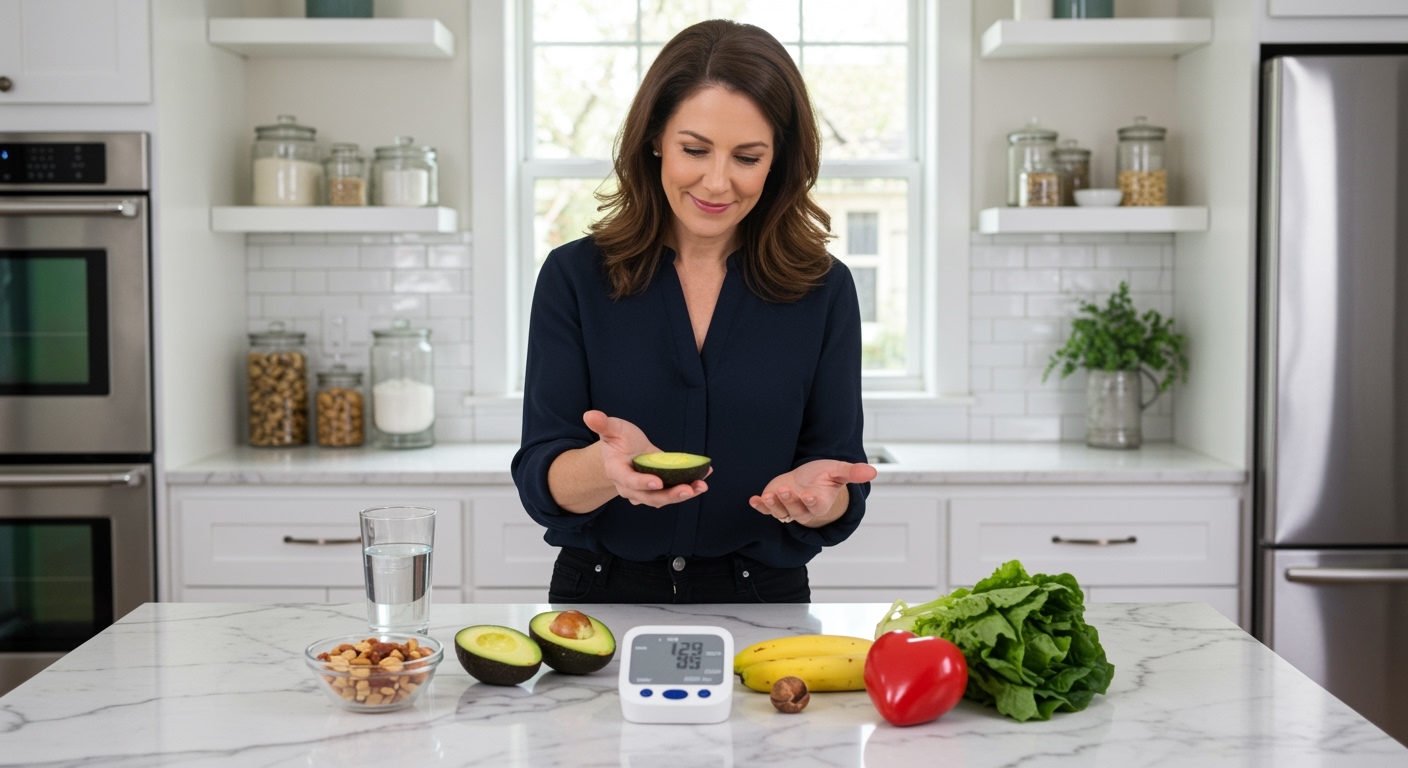Woman holding avocado half while gesturing toward blood pressure monitor on marble countertop with heart model and healthy foods