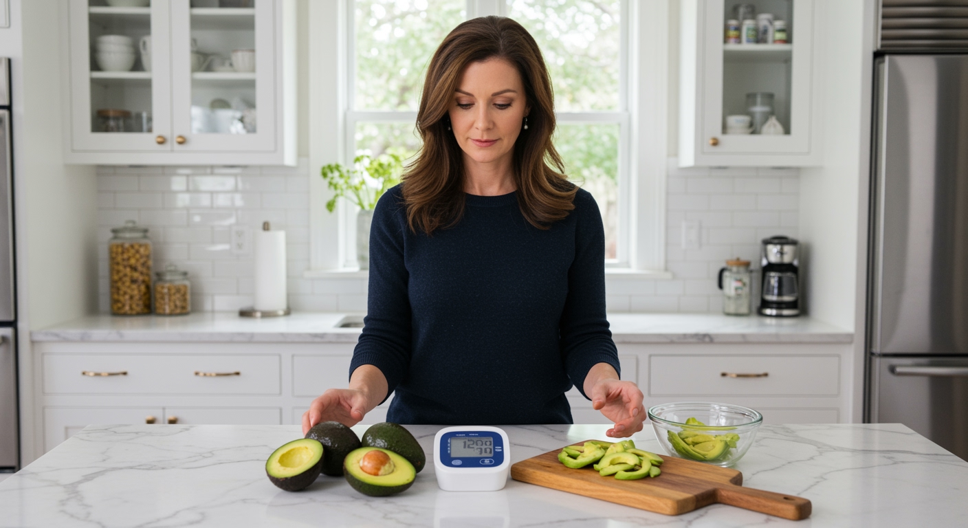 Woman standing behind marble counter with fresh avocados and blood pressure monitor in bright modern kitchen setting