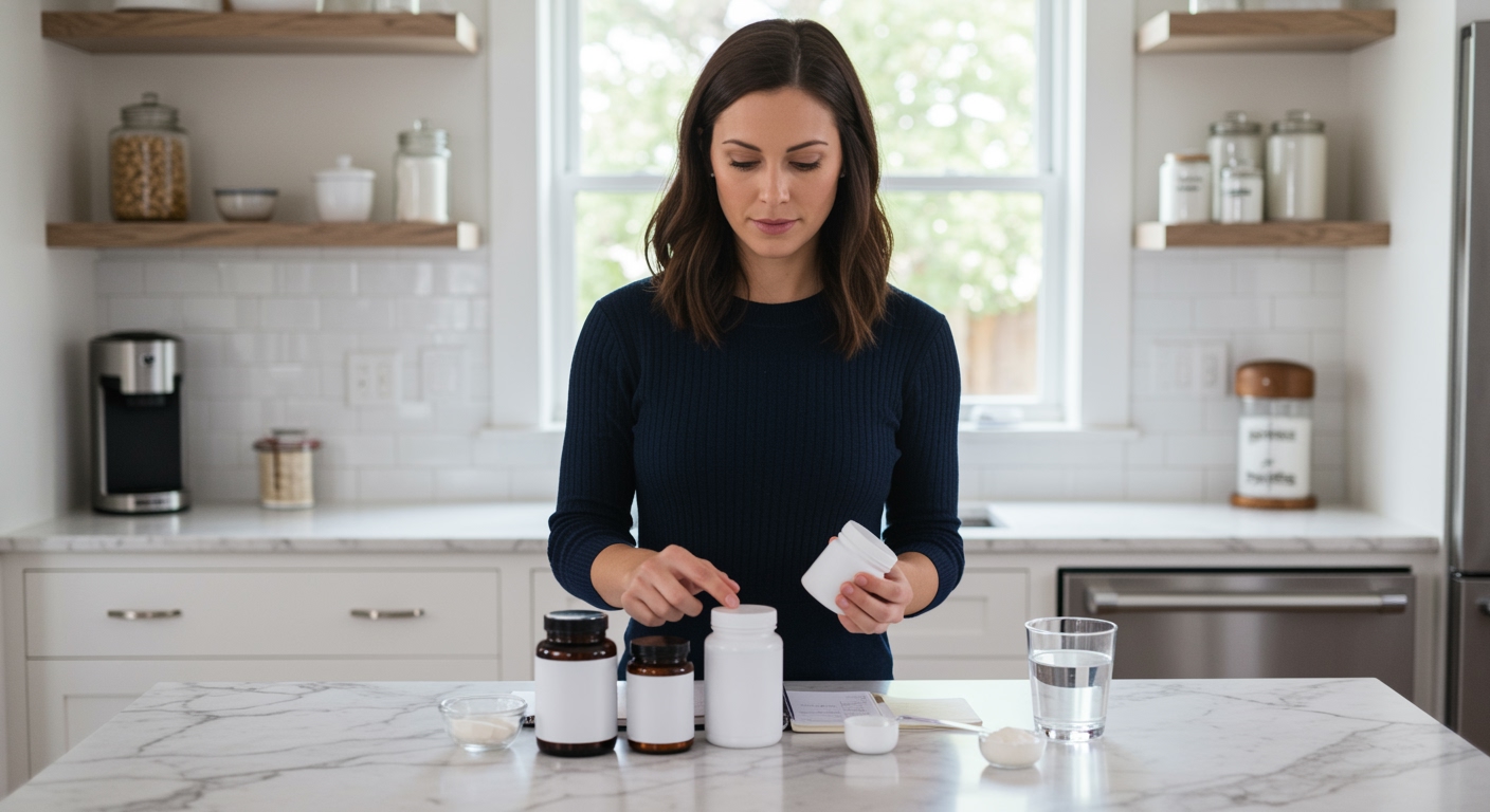 Woman holding supplement bottles while standing behind marble countertop with measuring tools and powder in modern kitchen