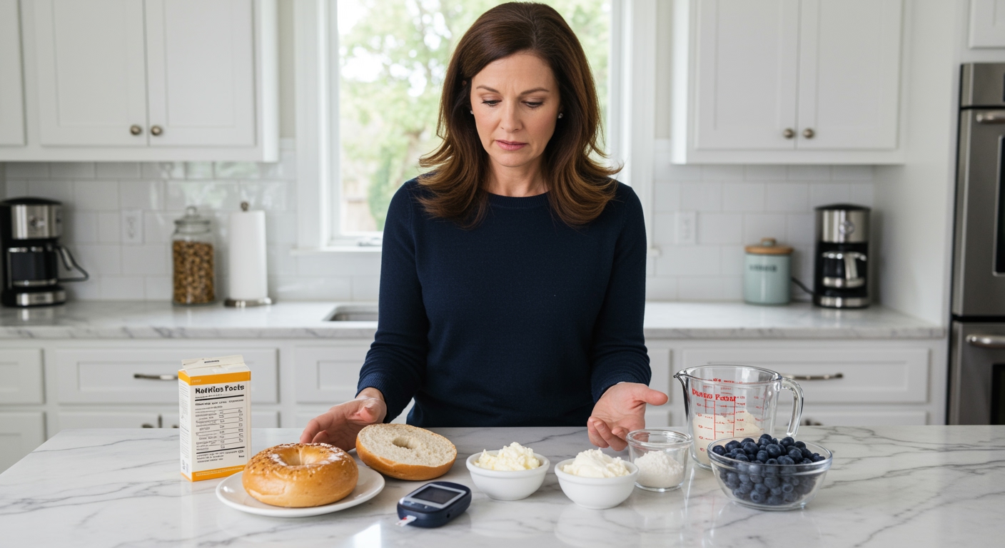Woman in navy sweater examining bagel and diabetes monitoring tools on white marble kitchen counter with natural lighting