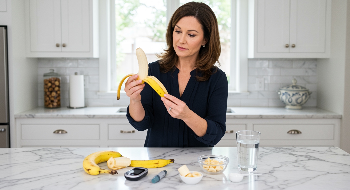 Woman holding banana peel while examining it with glucose meter and banana pieces arranged on white marble countertop in kitchen