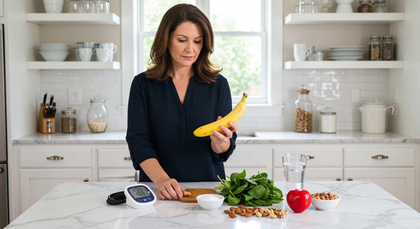 Woman holding banana behind marble counter with heart-healthy foods and blood pressure monitor in bright modern kitchen