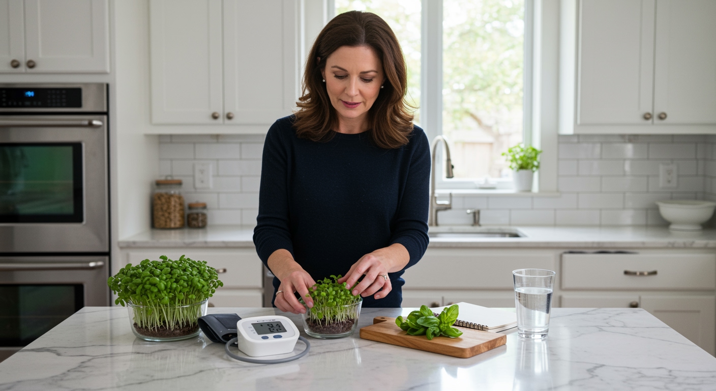 Woman touching basil sprouts on marble counter with blood pressure monitor and medical equipment in bright kitchen