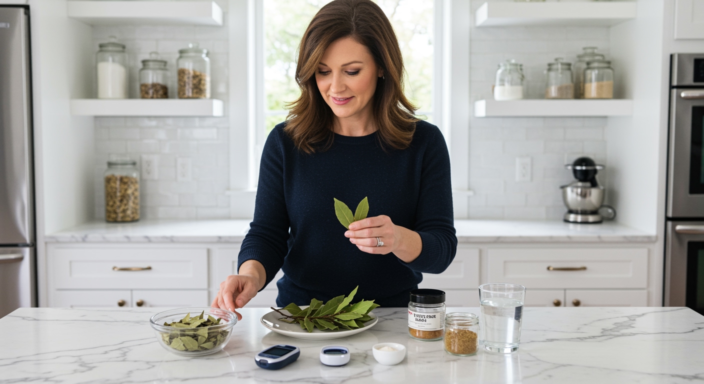 Middle-aged woman holding dried bay leaves while standing behind marble counter with glucose meter and herbs in modern kitchen