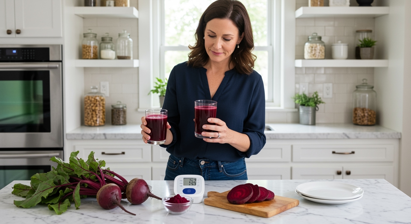 Woman holding glass of beet juice while standing at marble counter with fresh beetroots and blood pressure monitor in bright kitchen