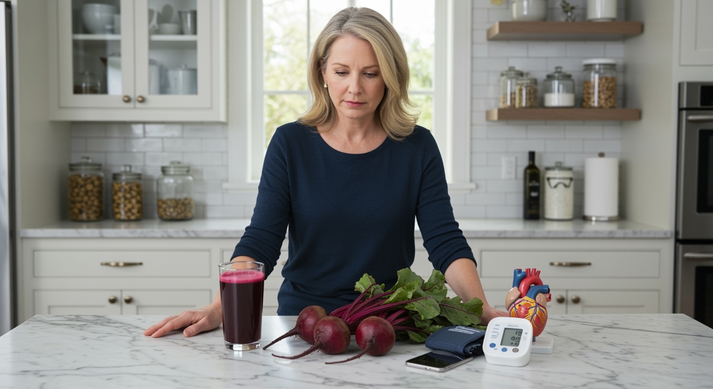 Woman standing behind marble counter looking at glass of beet juice, fresh beets, and blood pressure monitor in bright modern kitchen