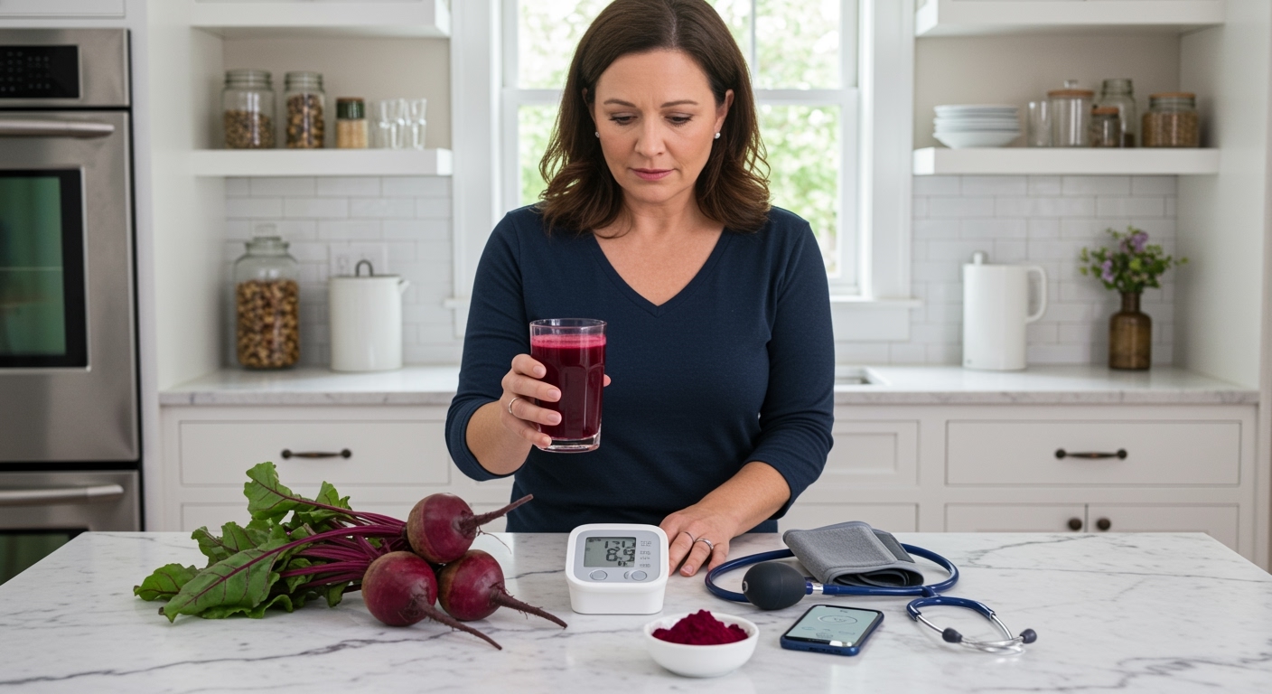 Woman holding beetroot juice glass while standing behind marble counter with blood pressure monitor and fresh beetroots in bright kitchen