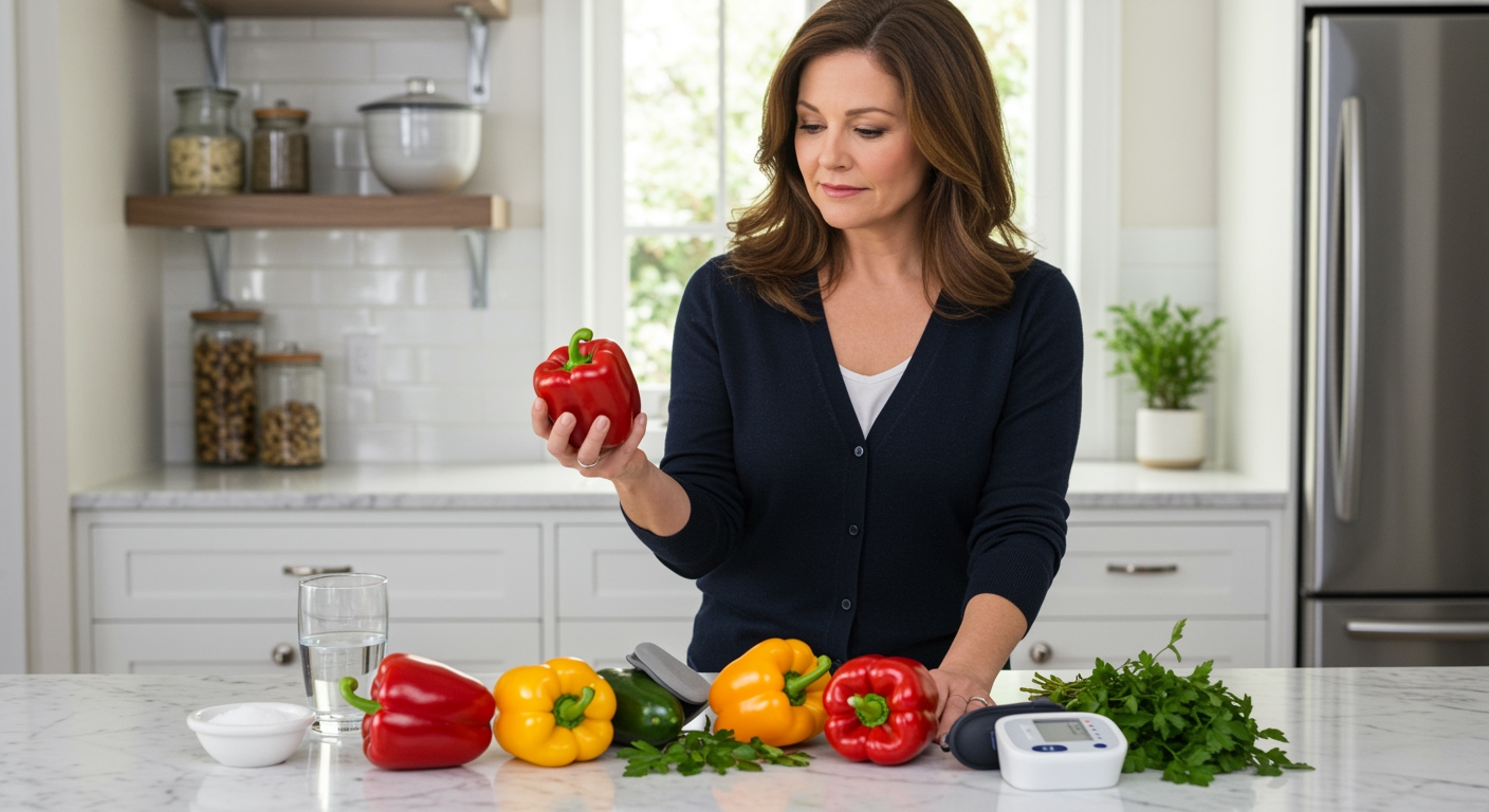 Middle-aged woman holding red bell pepper with blood pressure monitor and colorful peppers on white marble kitchen counter