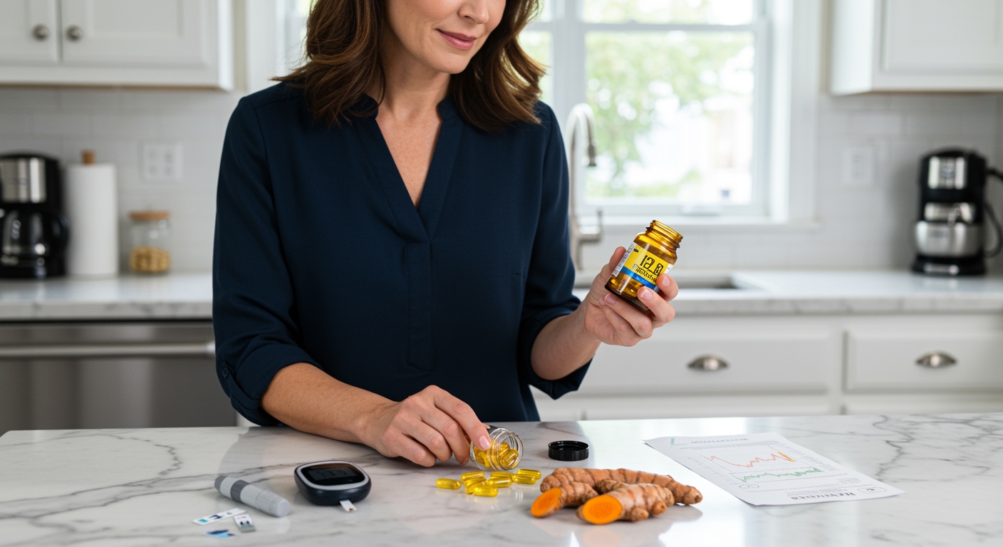 Middle-aged woman examining berberine capsules with blood glucose meter and diabetes supplies on marble countertop