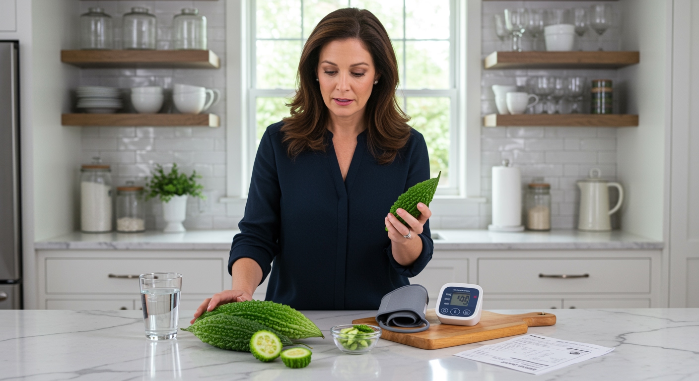 Woman holding bitter melon while standing next to blood pressure monitor on marble countertop in bright modern kitchen