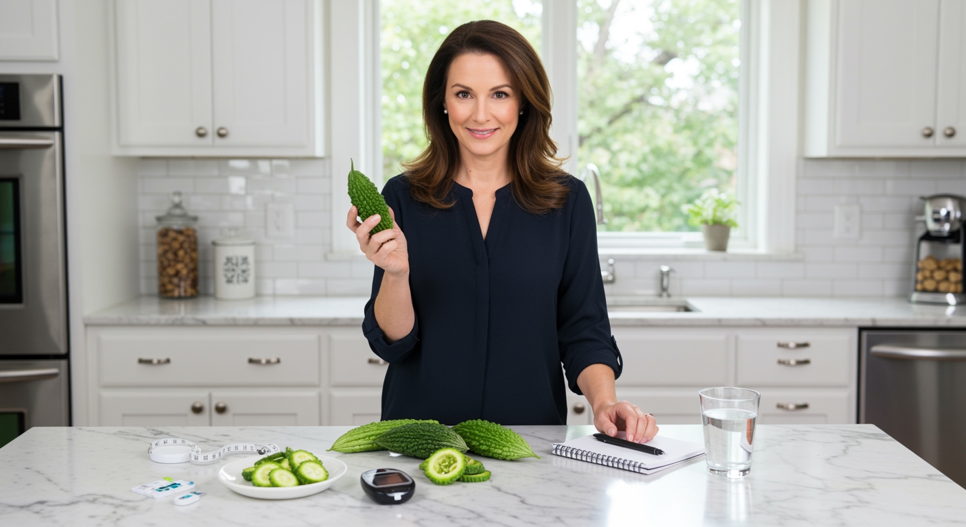 Middle-aged woman holding bitter melon with diabetes testing supplies and fresh vegetables on white marble countertop