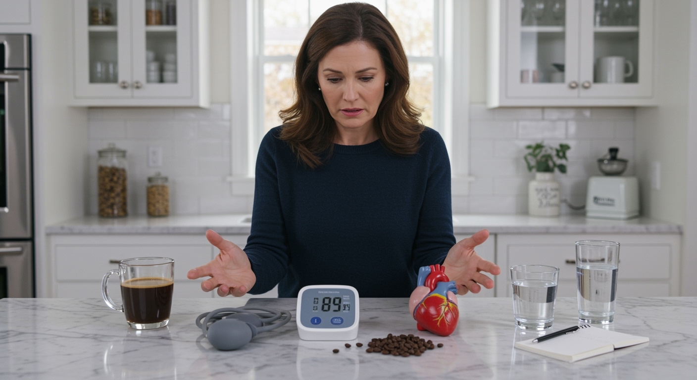 Woman standing behind marble counter looking at black coffee mug and blood pressure monitor with heart model and clock visible