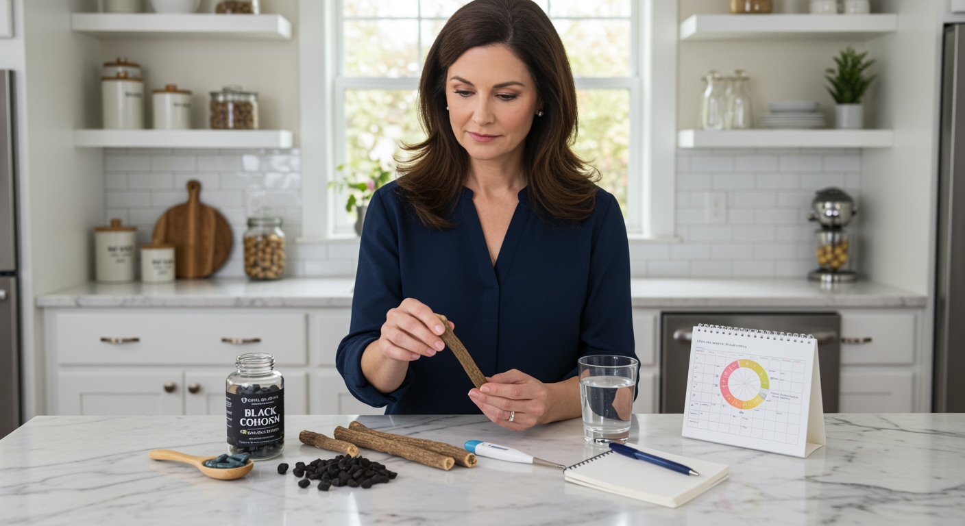 Middle-aged woman examining black cohosh supplements and root on marble counter with health tracking items in bright modern kitchen