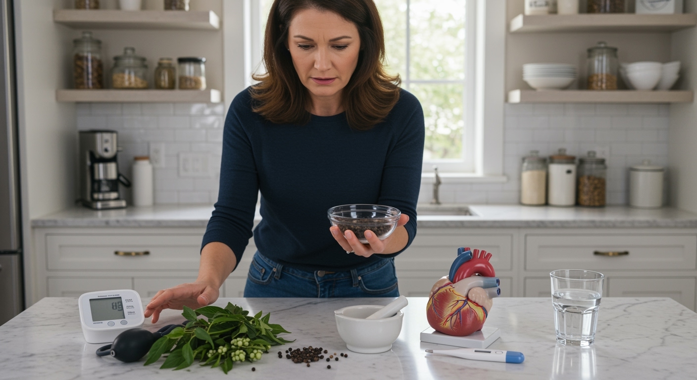 Woman holding bowl of black peppercorns while reaching toward blood pressure monitor on white marble countertop in bright kitchen