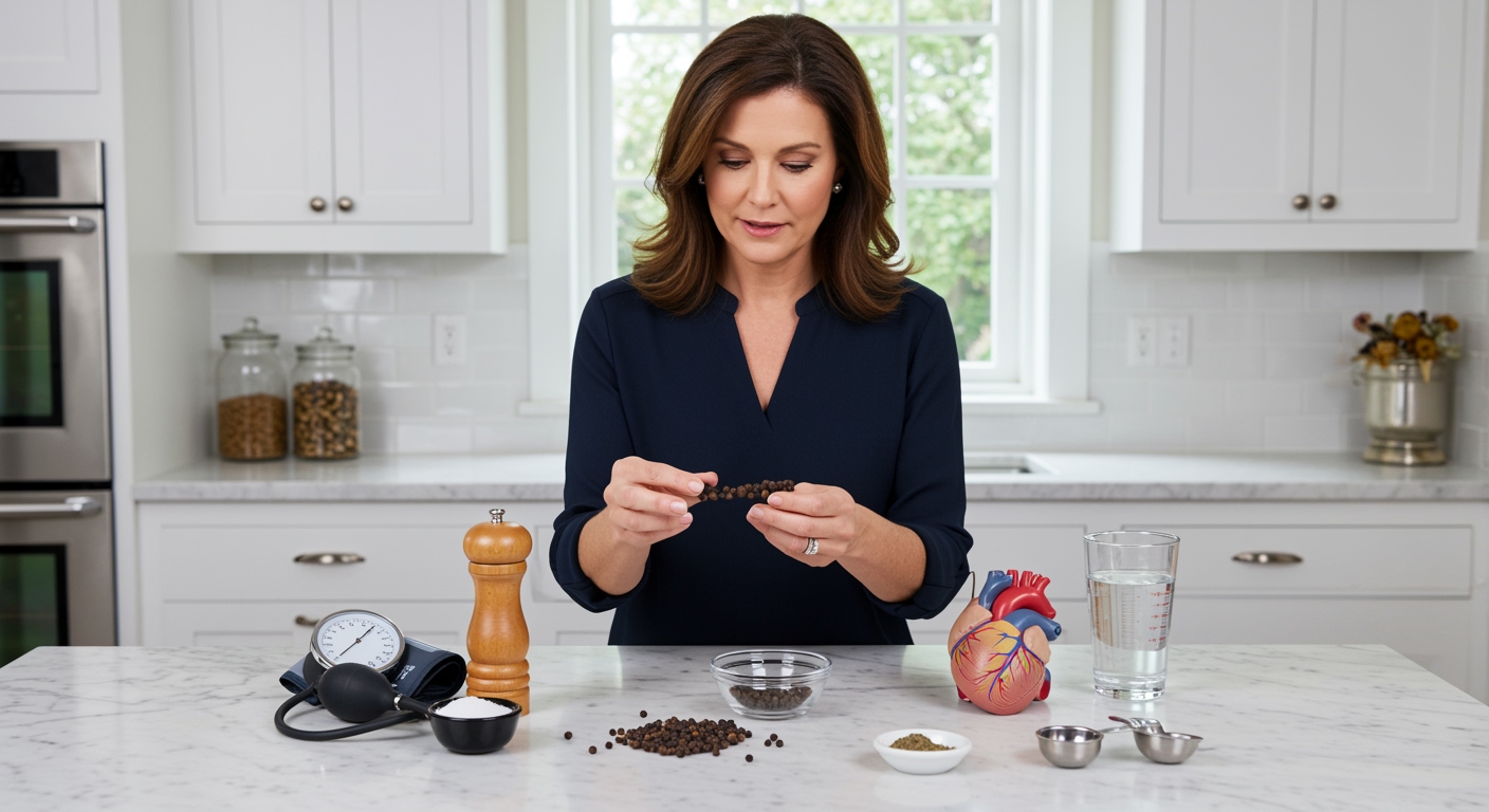 Woman holding glass bowl of black peppercorns on marble counter with blood pressure cuff and heart model in modern kitchen