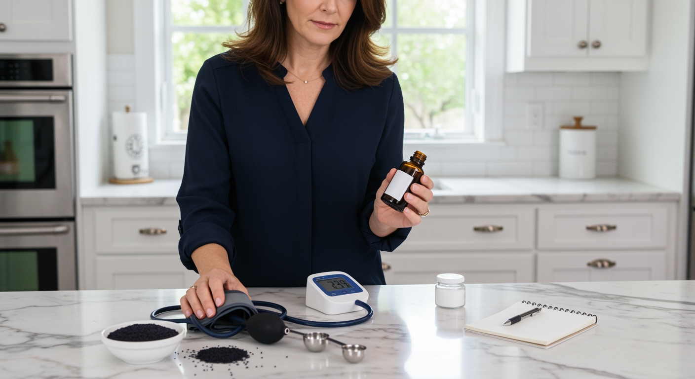 Woman holding black seed oil bottle while standing behind marble countertop with blood pressure monitor and health items