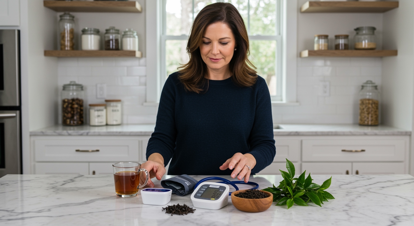 Woman standing behind marble counter with black tea, teapot, blood pressure monitor, and stethoscope in modern kitchen