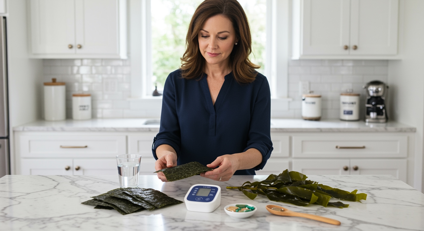 Middle-aged woman examining dried seaweed and blood pressure monitor on marble countertop in bright modern kitchen