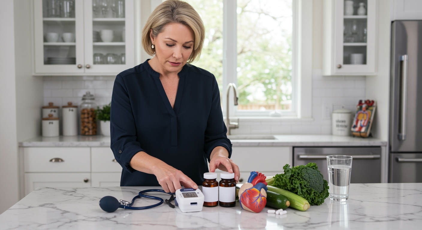 Middle-aged woman examining blood pressure monitor on marble counter with B12 supplements and heart model in bright kitchen
