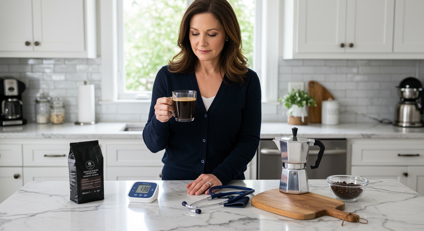 Middle-aged woman holding black coffee mug standing behind marble counter with blood pressure monitor and coffee-related items