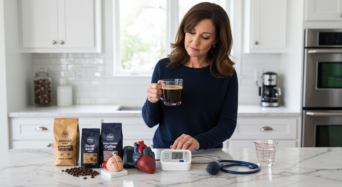 Woman holding coffee mug standing behind marble counter with blood pressure monitor and coffee-related items in modern kitchen