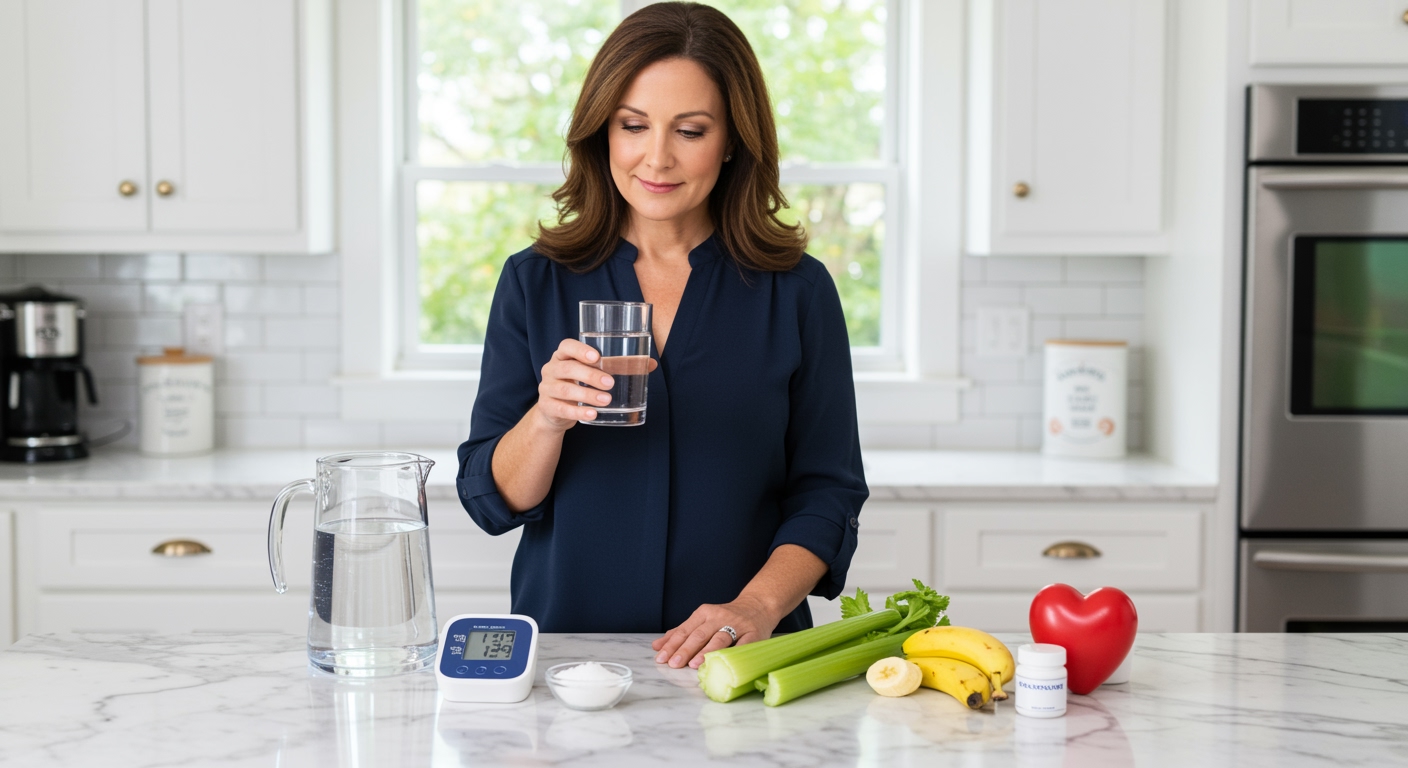 Middle-aged woman holding water glass behind marble counter with blood pressure monitor and health items in modern kitchen