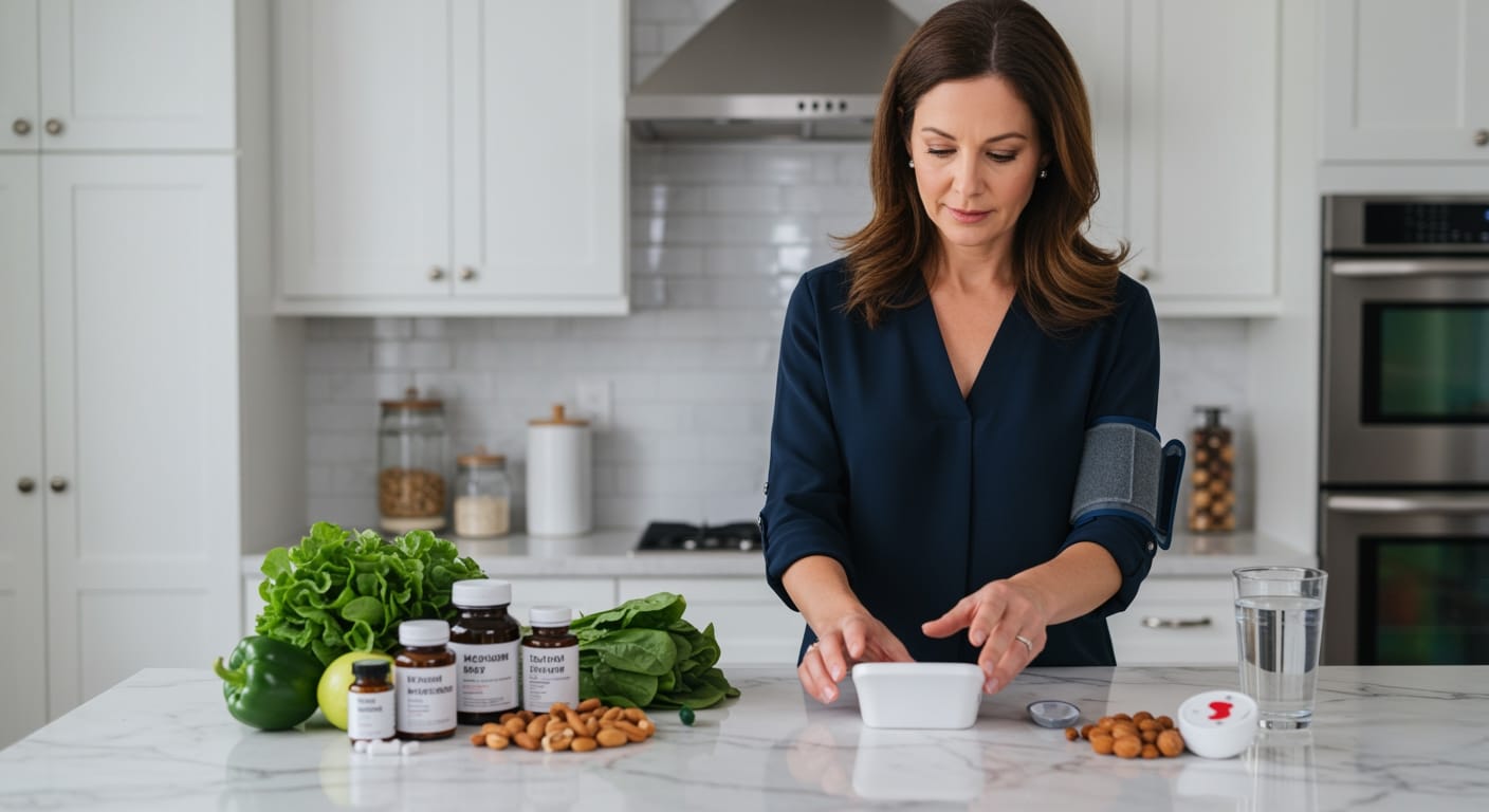 Woman holding blood pressure monitor on marble counter with magnesium supplements, leafy greens, nuts, and heart symbol in kitchen