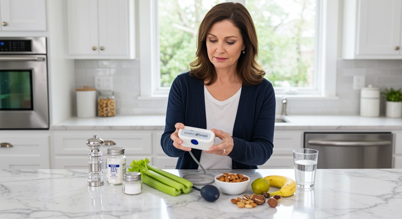 Middle-aged woman holding blood pressure monitor behind kitchen counter with salt, vegetables, and healthy foods arranged on marble surface