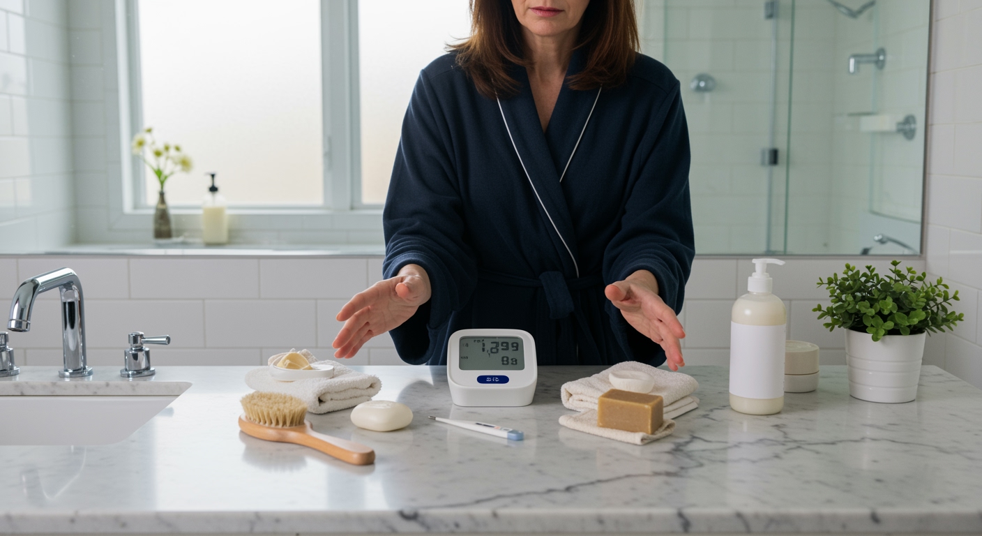Woman in navy robe reaching toward blood pressure monitor on marble countertop with bathing items in bright modern bathroom