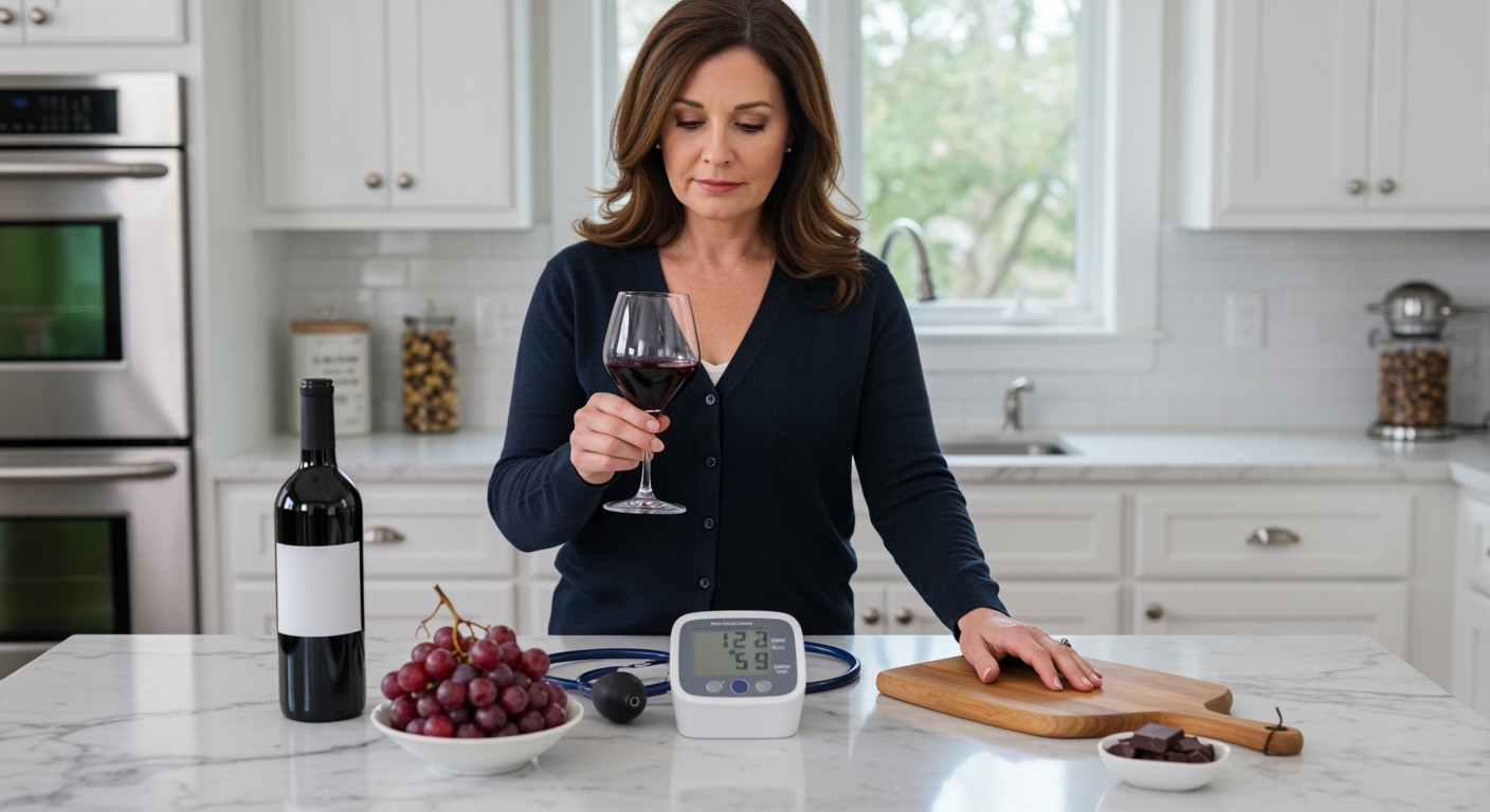 Woman holding red wine glass standing behind marble counter with blood pressure monitor, grapes, and heart-healthy items