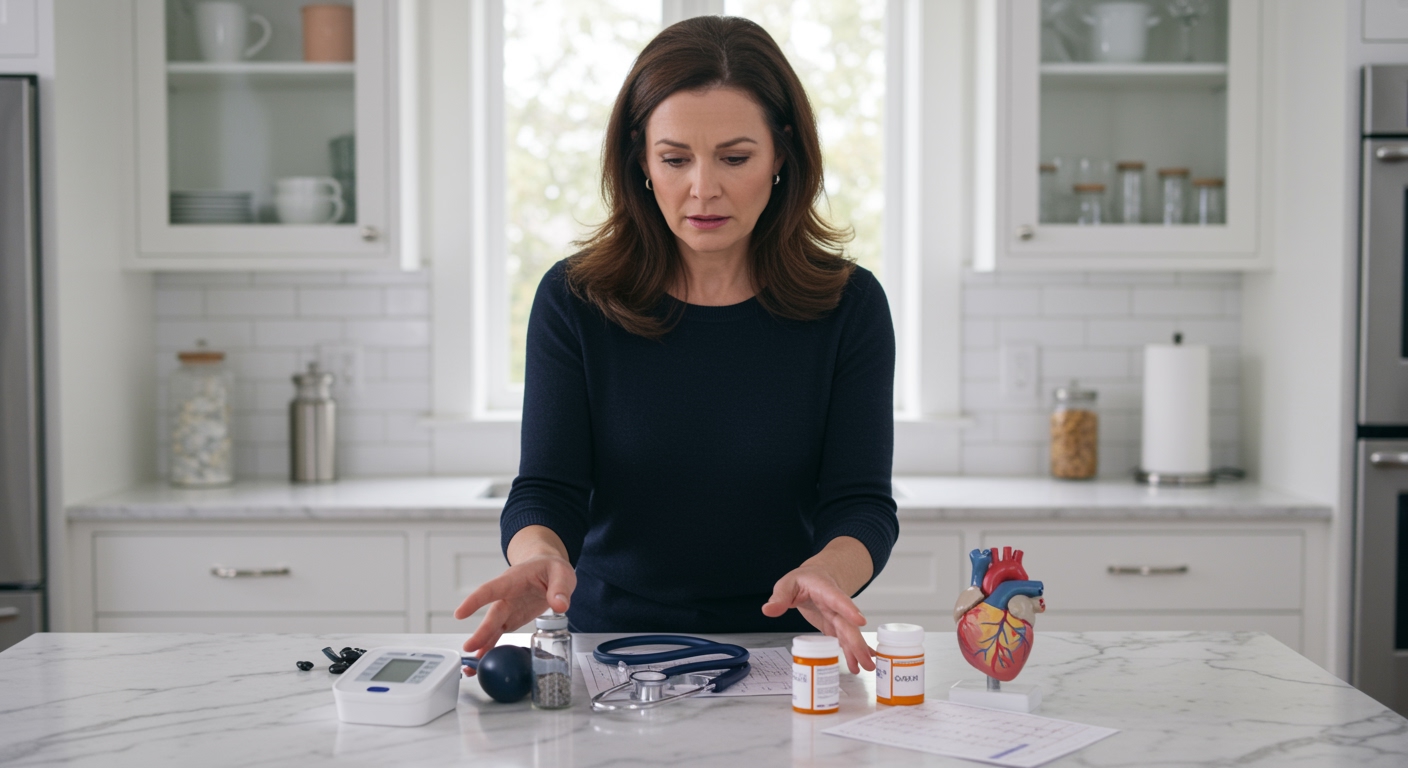 Woman examining blood pressure monitor and medical supplies on white marble countertop in bright modern kitchen setting.