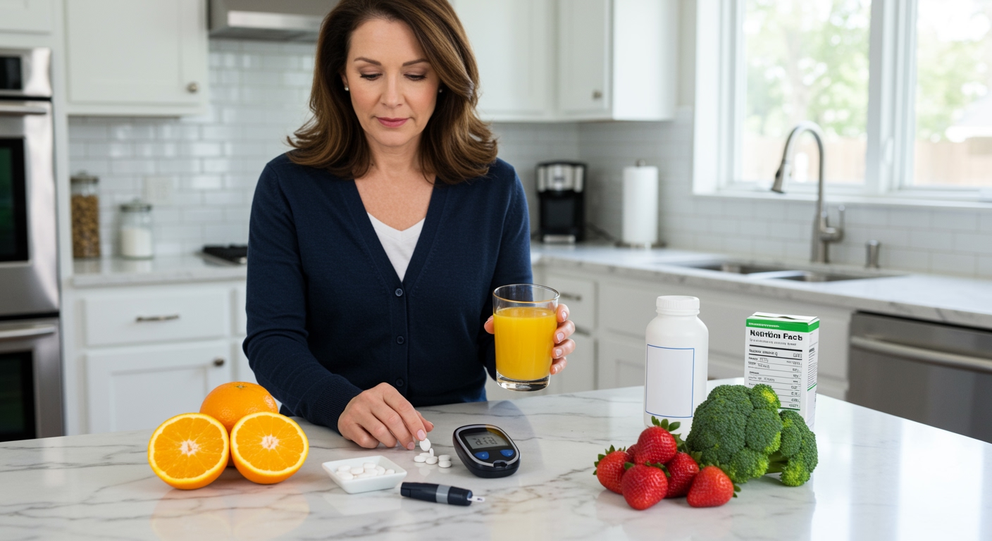 Woman holding orange juice examining blood glucose meter with vitamin C foods and testing supplies on marble counter