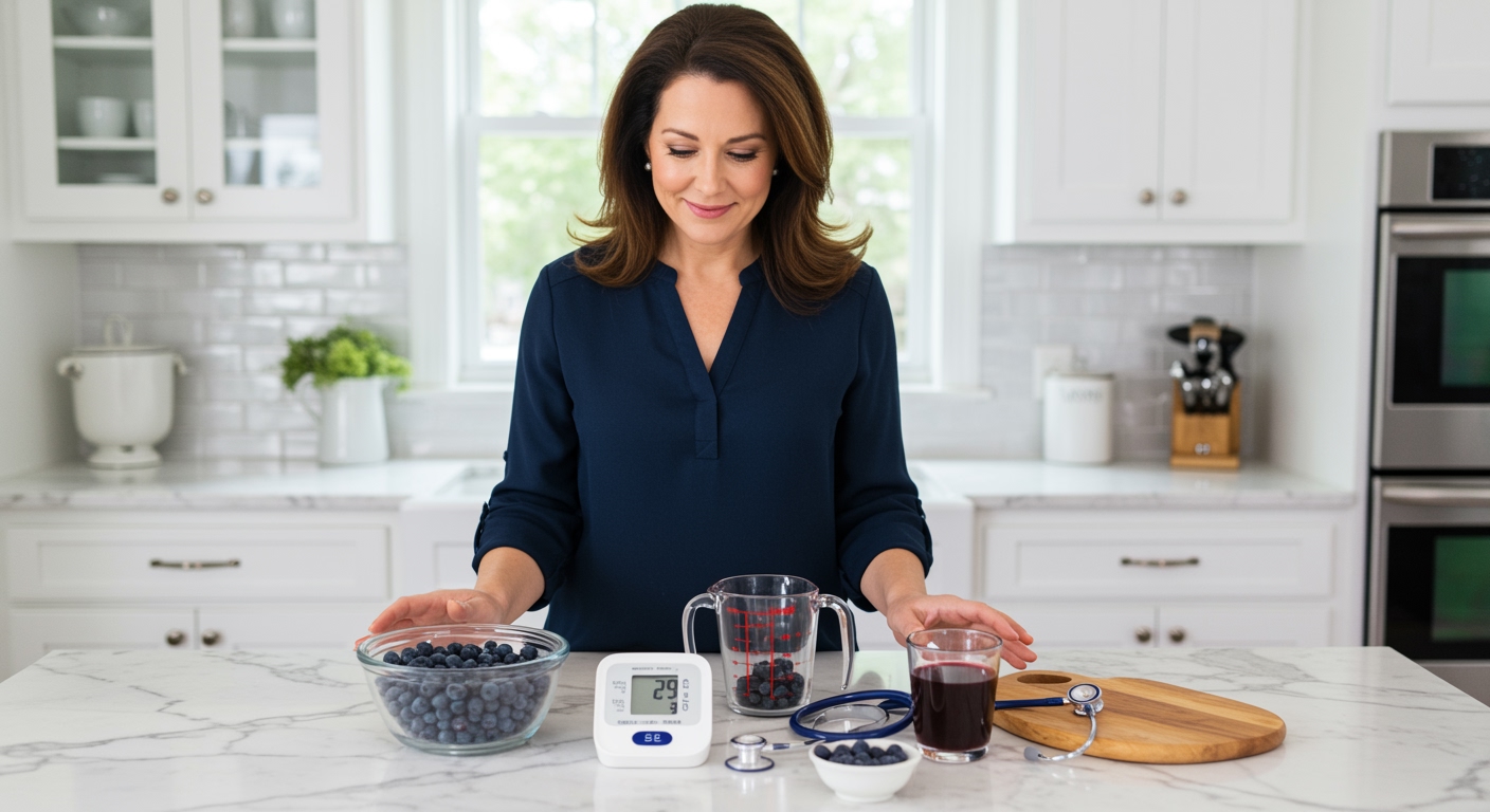 Middle-aged woman standing behind marble counter with blueberries, blood pressure monitor, and health items in modern kitchen