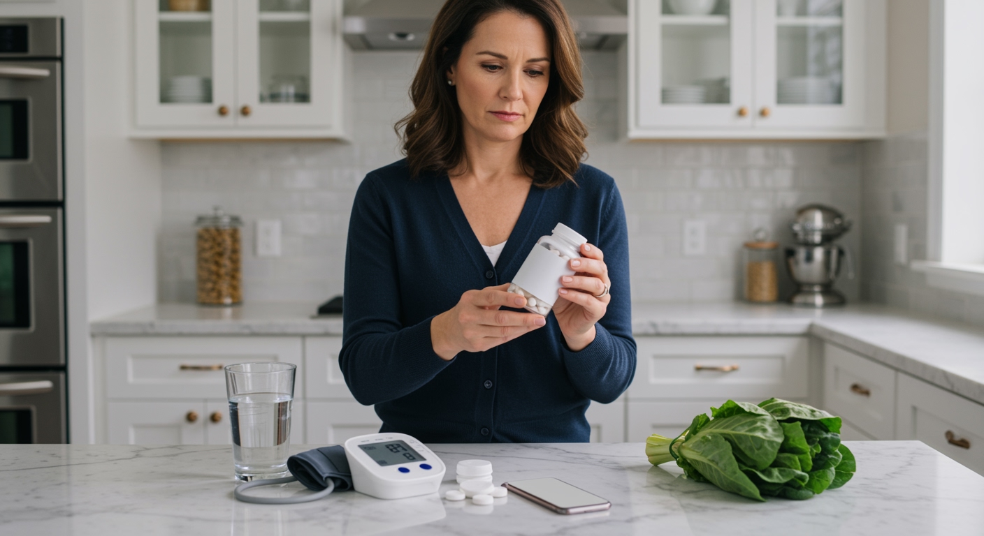 Woman holding supplement bottle while examining blood pressure monitor and health items on marble kitchen counter
