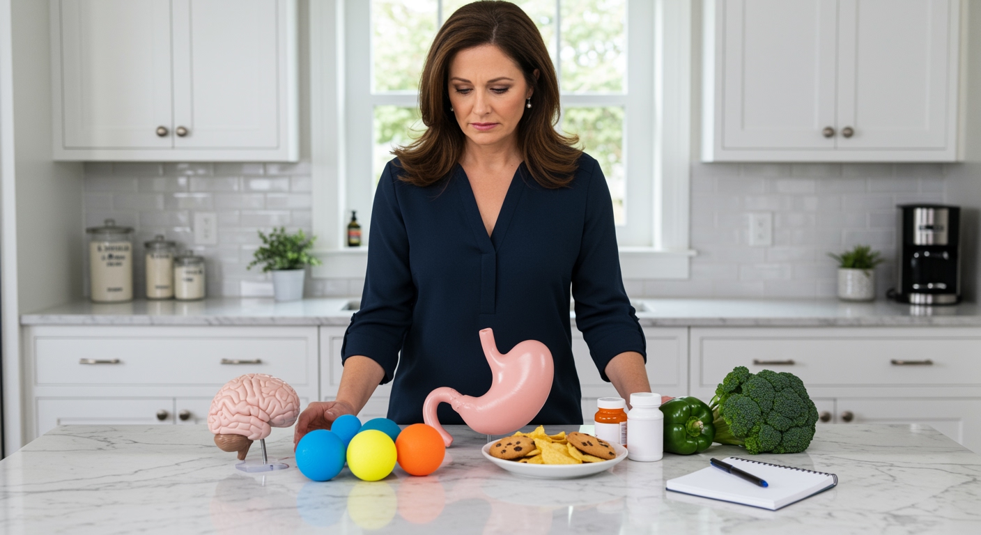 Woman standing behind marble counter with brain model, stomach model, stress balls, comfort foods, and medication bottle