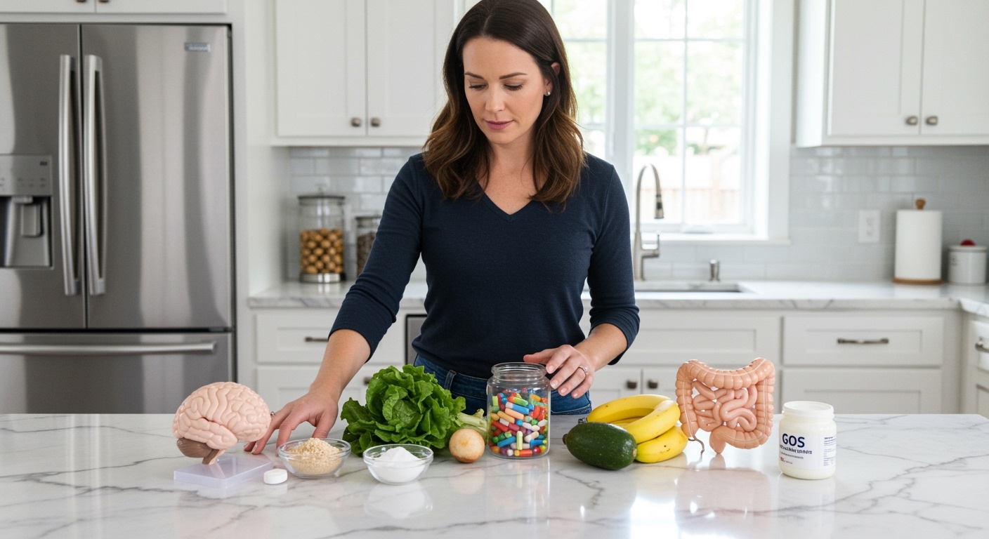 Woman standing behind marble counter examining brain model with prebiotic supplements and healthy foods in modern kitchen