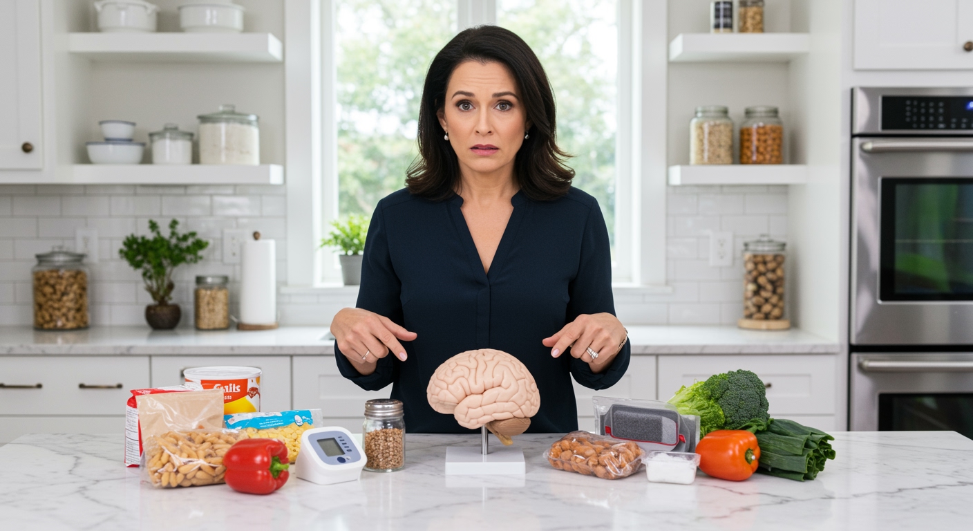Middle-aged woman pointing at brain model on marble counter with salt shaker and processed foods in modern kitchen
