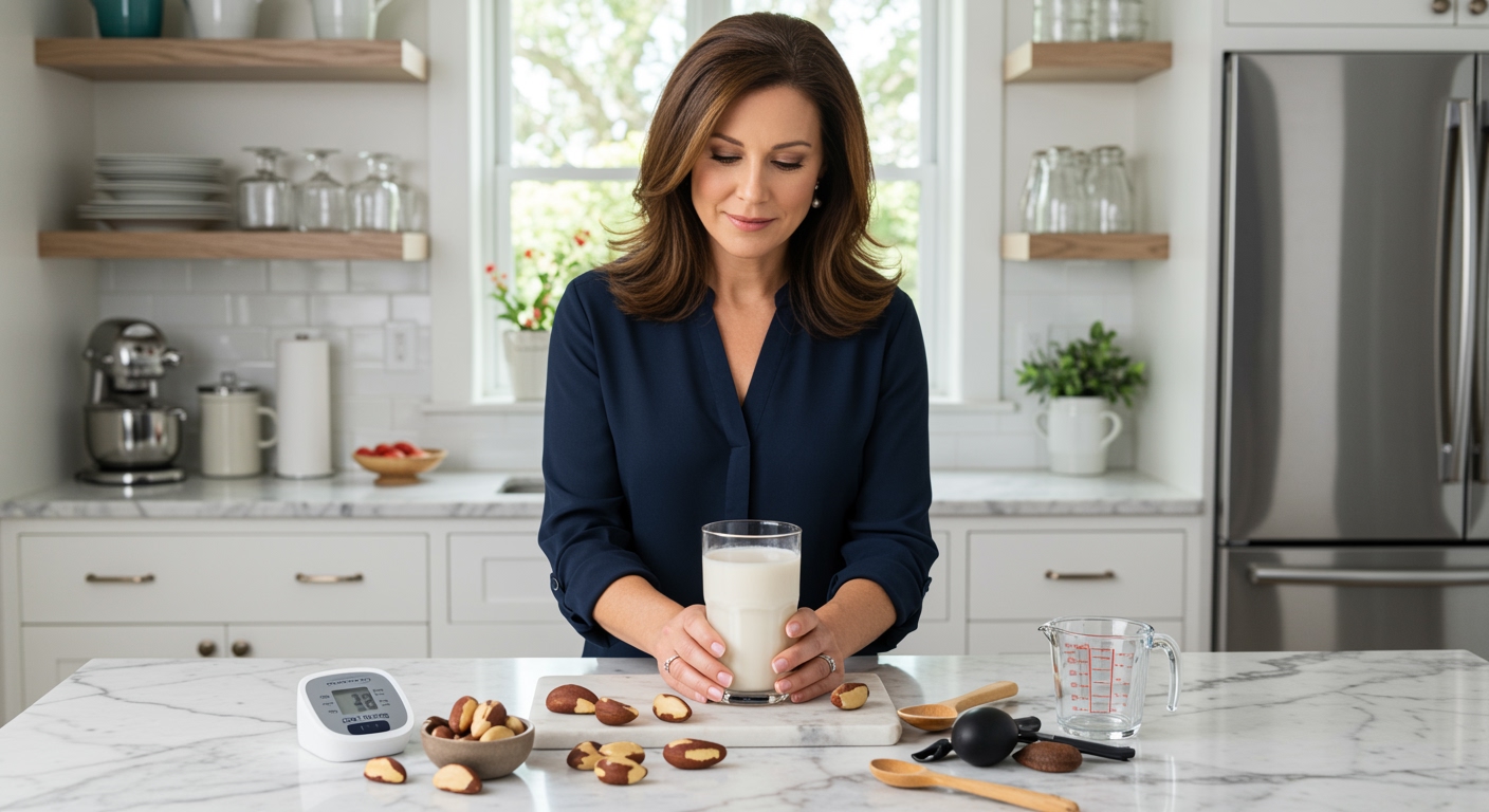 Woman holding glass of Brazil nut milk with blood pressure monitor and nuts on white marble kitchen counter