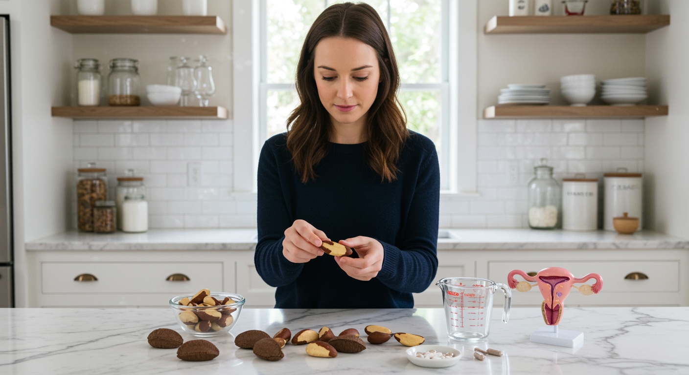 Woman holding Brazil nut while standing behind marble counter with nuts, supplements, and ovary model in bright kitchen