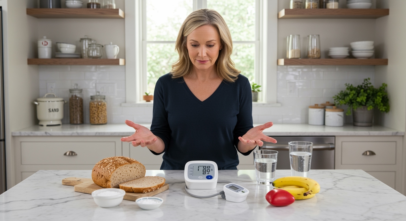 Woman standing behind marble counter looking at bread slices, blood pressure monitor, salt bowl, water glass, banana, and heart symbol