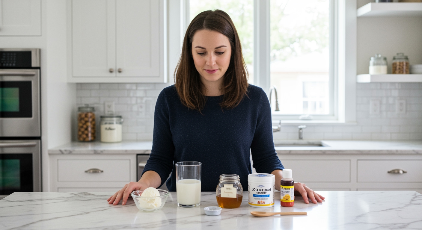 Woman standing behind marble counter examining ice cream bowl, milk glass, honey jar, and coloring bottles in modern kitchen