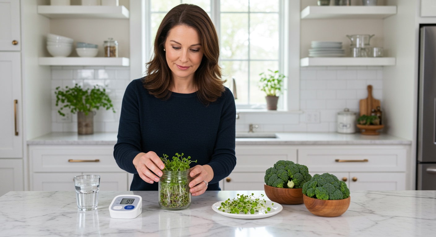 Woman examining broccoli sprouts with magnifying glass on marble countertop with blood pressure monitor and fresh vegetables