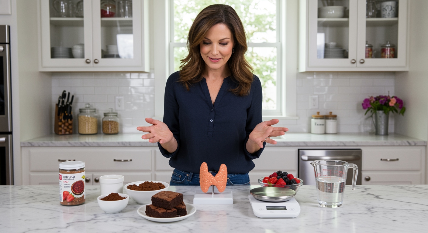 Woman standing behind marble counter with chocolate brownie, thyroid model, measuring tools, and healthy ingredients in bright kitchen