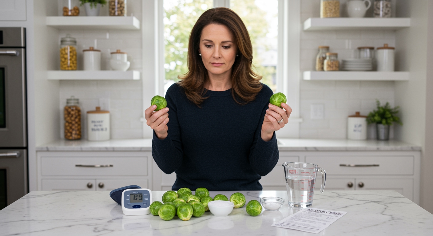 Woman holding Brussels sprout at kitchen counter with blood pressure monitor and health items on marble surface