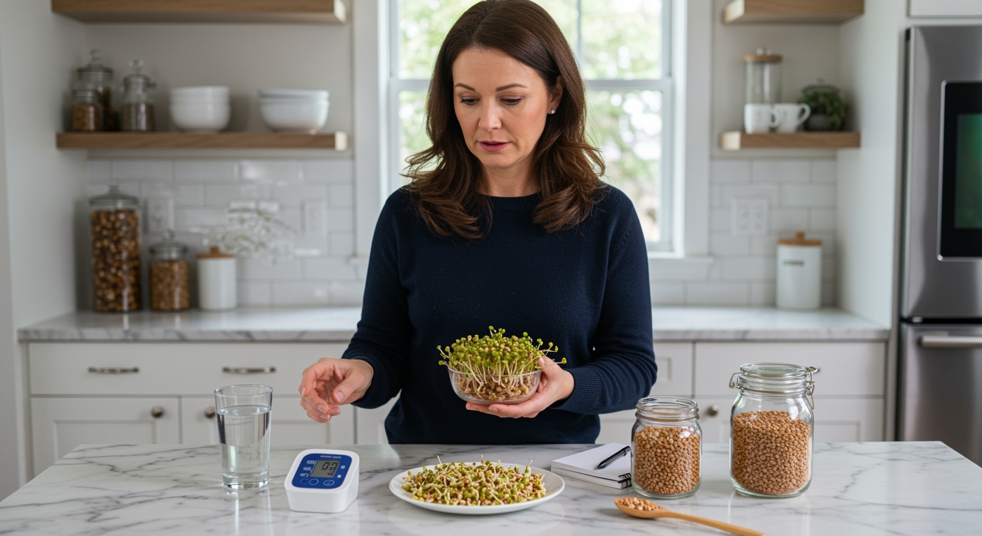Woman holding bowl of buckwheat sprouts standing behind marble counter with blood pressure monitor and health items visible