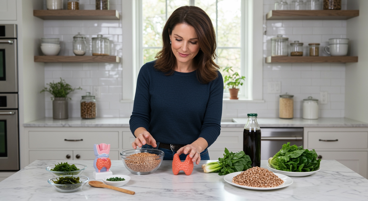 Middle-aged woman standing behind marble counter examining bowl of buckwheat groats with thyroid model and vegetables visible