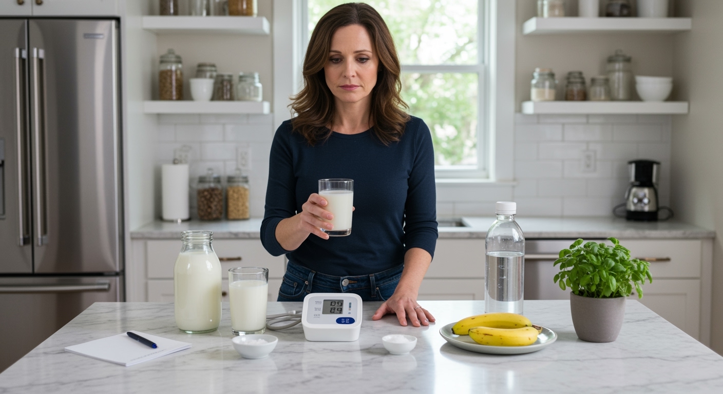 Woman holding buttermilk glass near blood pressure monitor with salt, water, banana, herbs, and notepad on white marble countertop