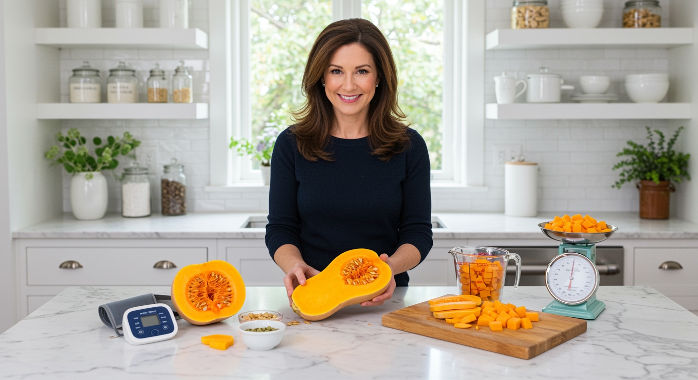 Middle-aged woman holding butternut squash on marble counter with blood pressure monitor and prepared butternut pieces visible