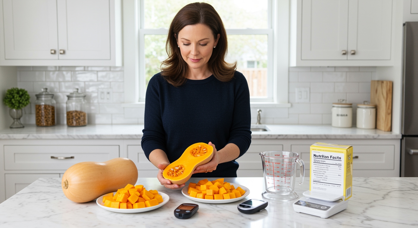 Middle-aged woman examining whole butternut squash with both hands on white marble countertop with cubed squash and glucose meter visible