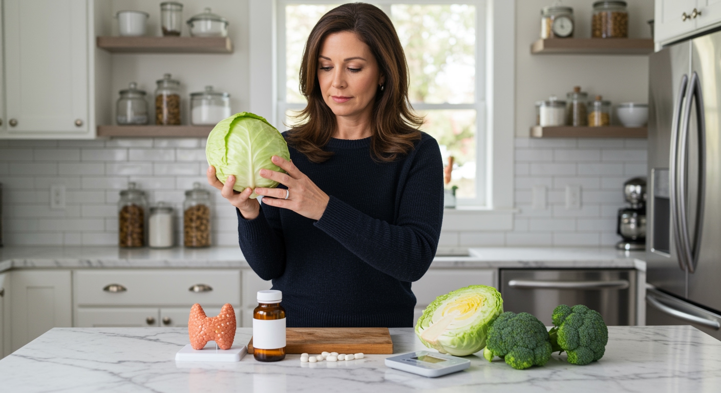 Woman holding fresh cabbage while standing behind marble counter with thyroid model and vegetables in bright modern kitchen